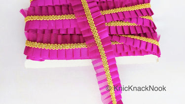Purple Satin And Purple Net Fabric Trim With Gold Embroidery Trimming, Pleated Lace Trim, Trim
